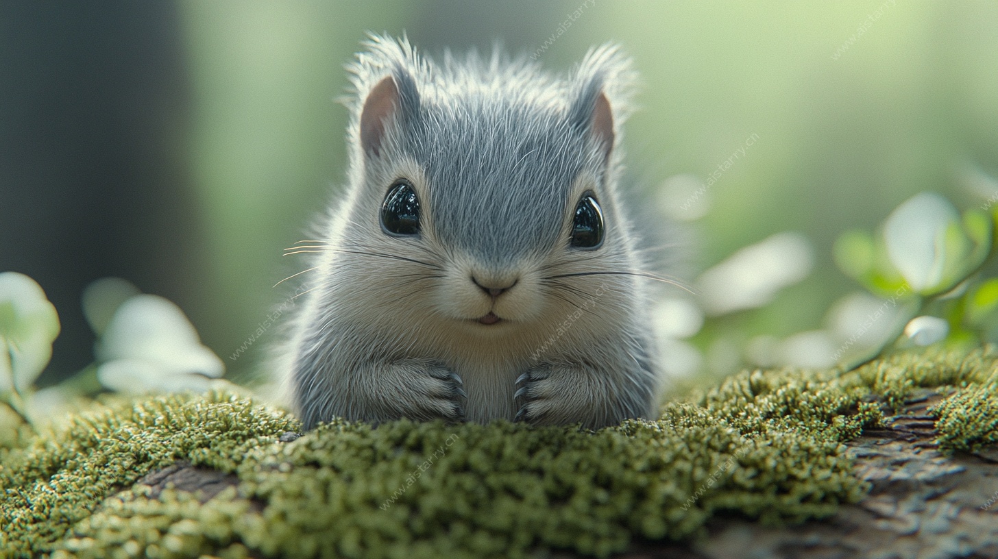 可爱小松鼠趴于绿苔之上