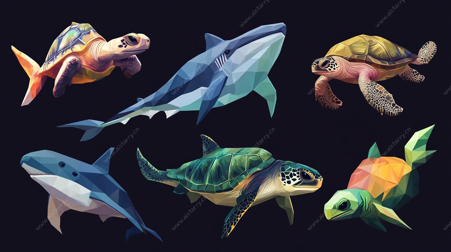 海洋生物插画 鲨鱼与海龟