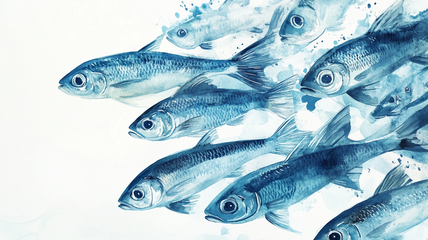 蓝色群鱼水彩插画