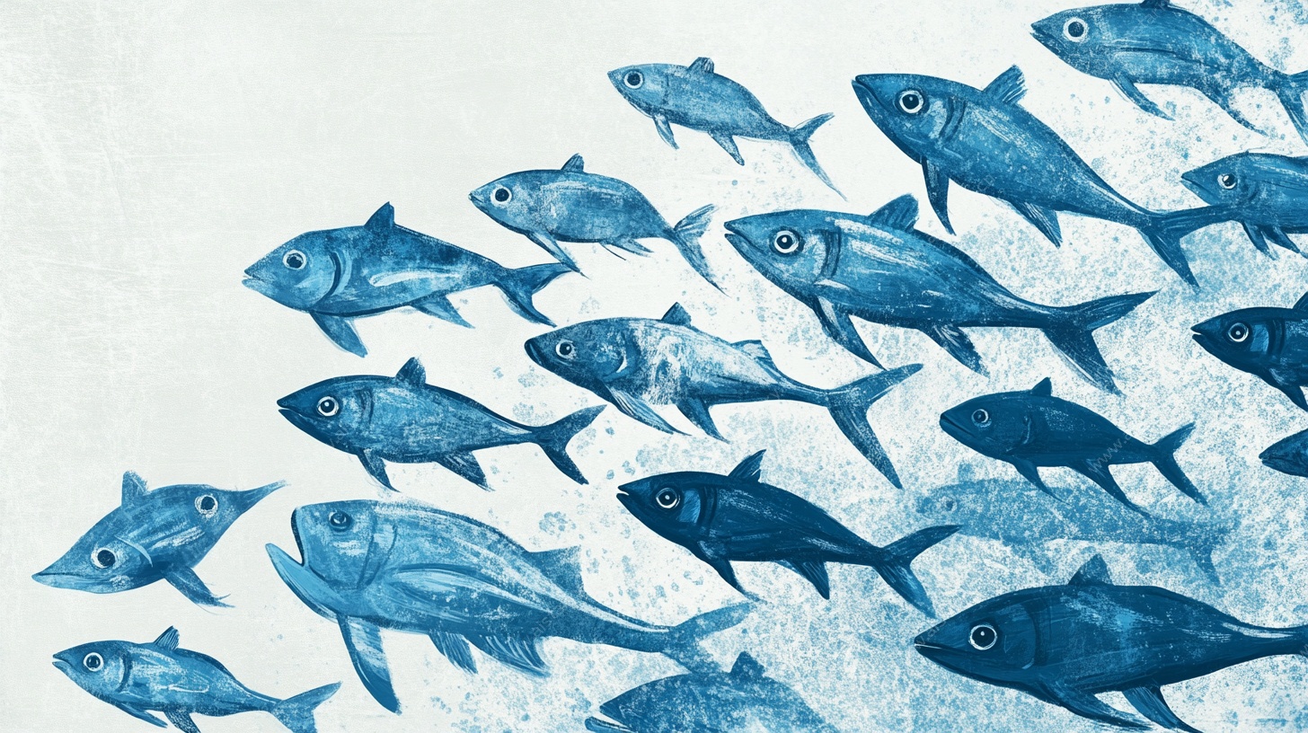 蓝色鱼群插画