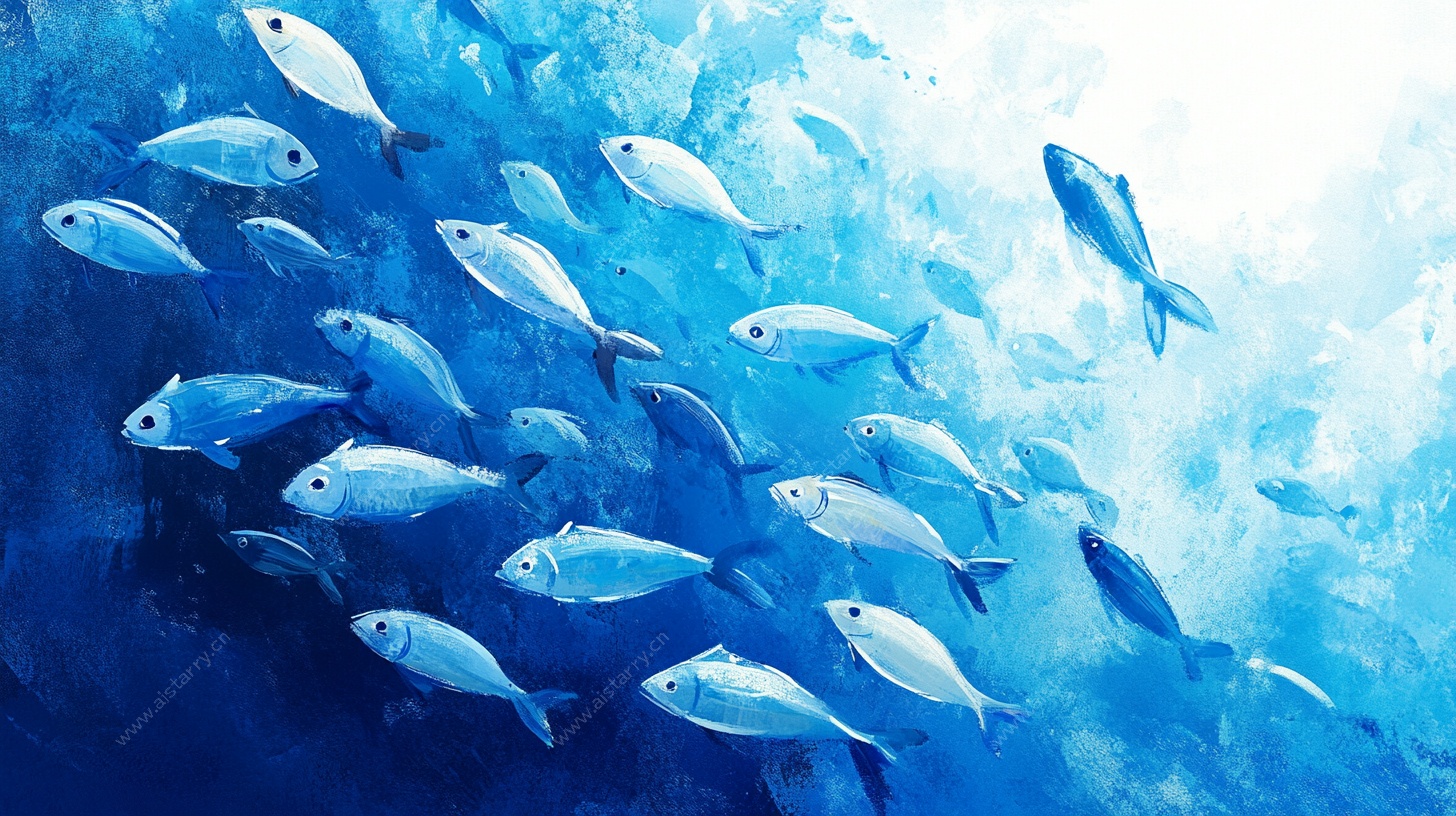 蓝色海洋群鱼游动景象