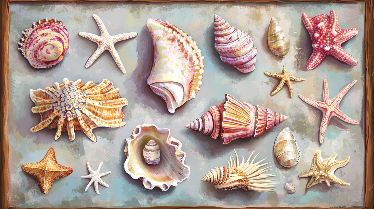 多彩贝壳与海星插画