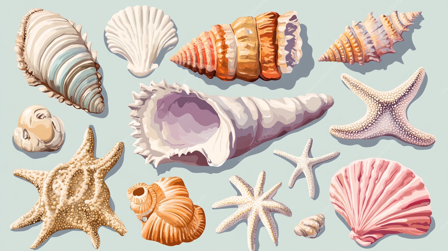 多彩海洋贝壳与海星集合