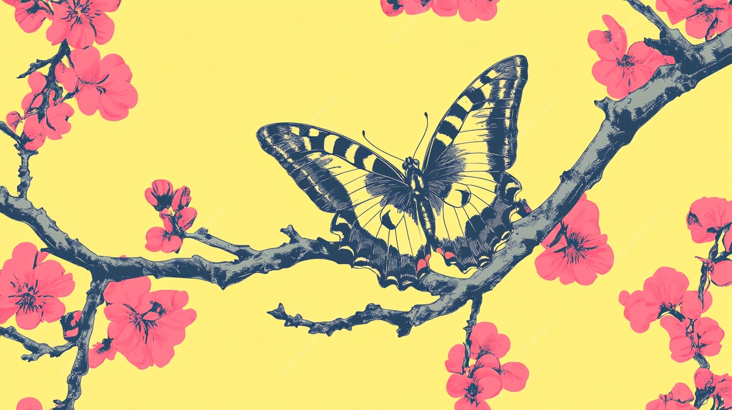 蝴蝶栖于繁花枝头图