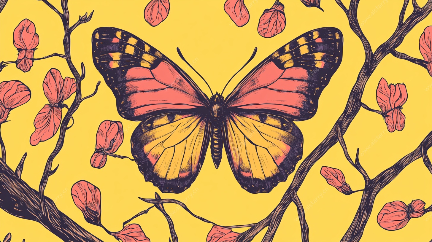 蝴蝶于花枝间飞舞图案