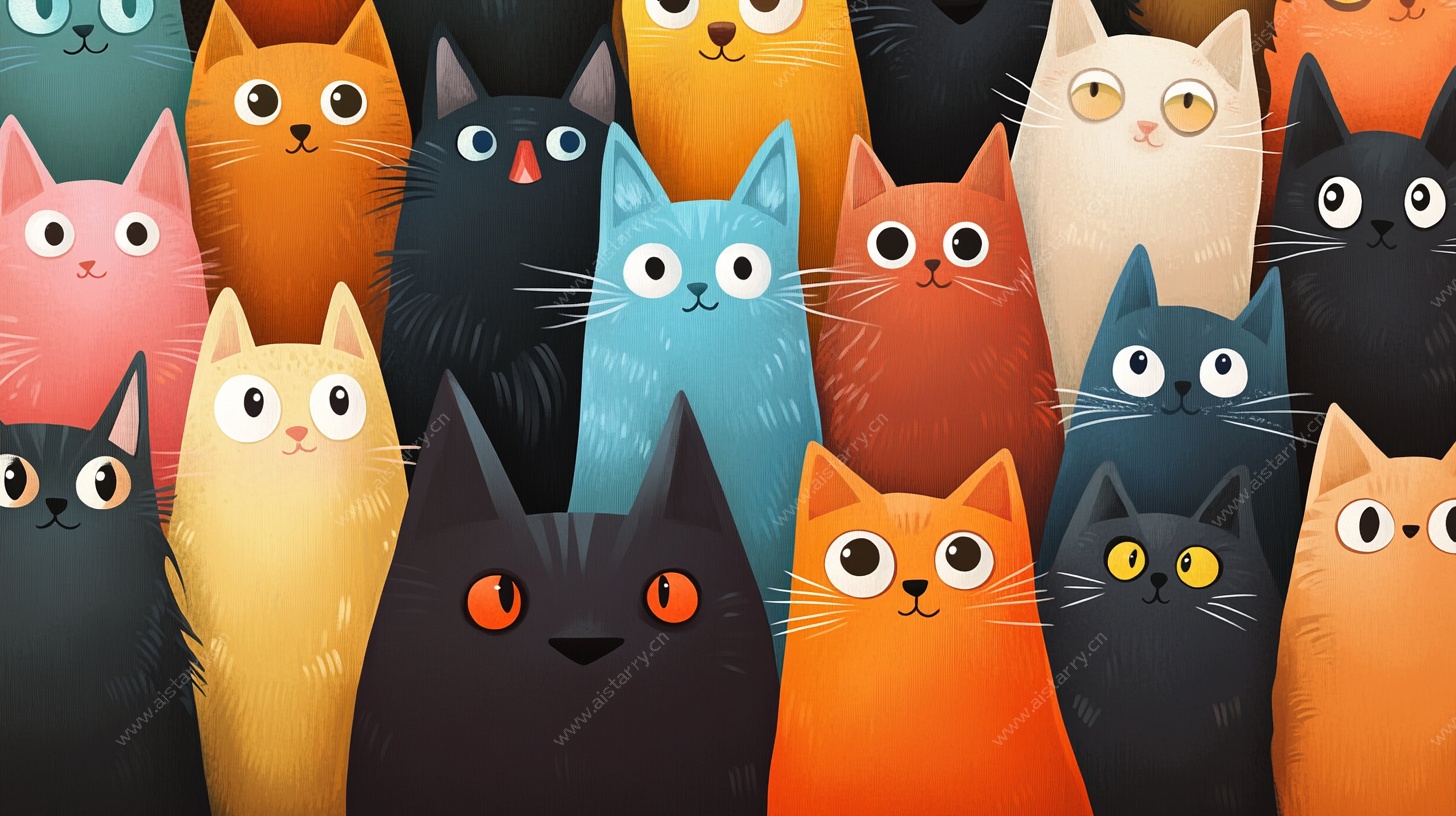 一群多彩猫咪插画