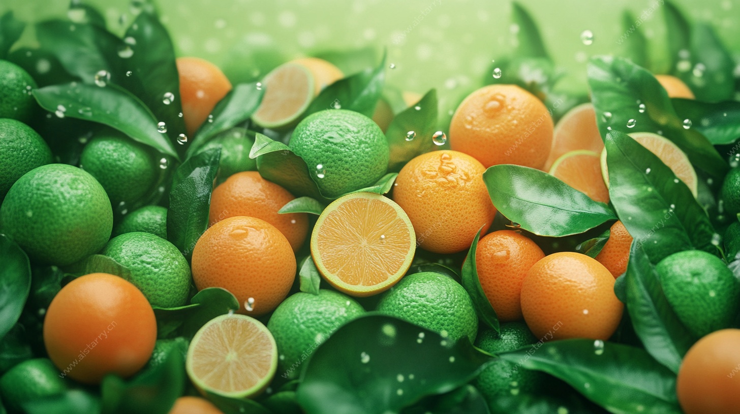 柑橘鲜果与绿叶的清新组合