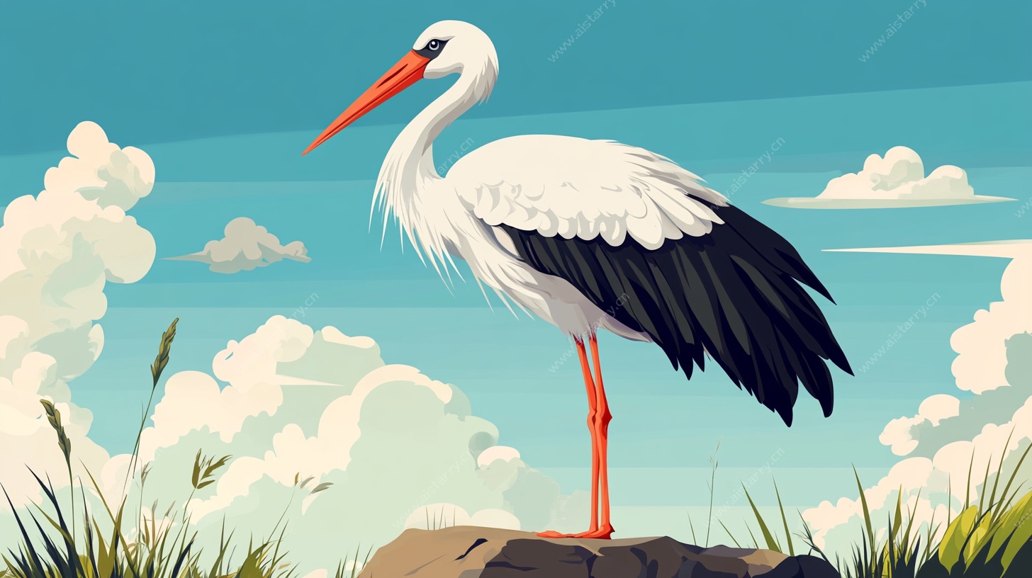 站立岩石的白鹳插画