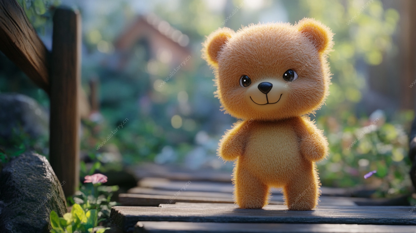 可爱小熊站在户外木栈道