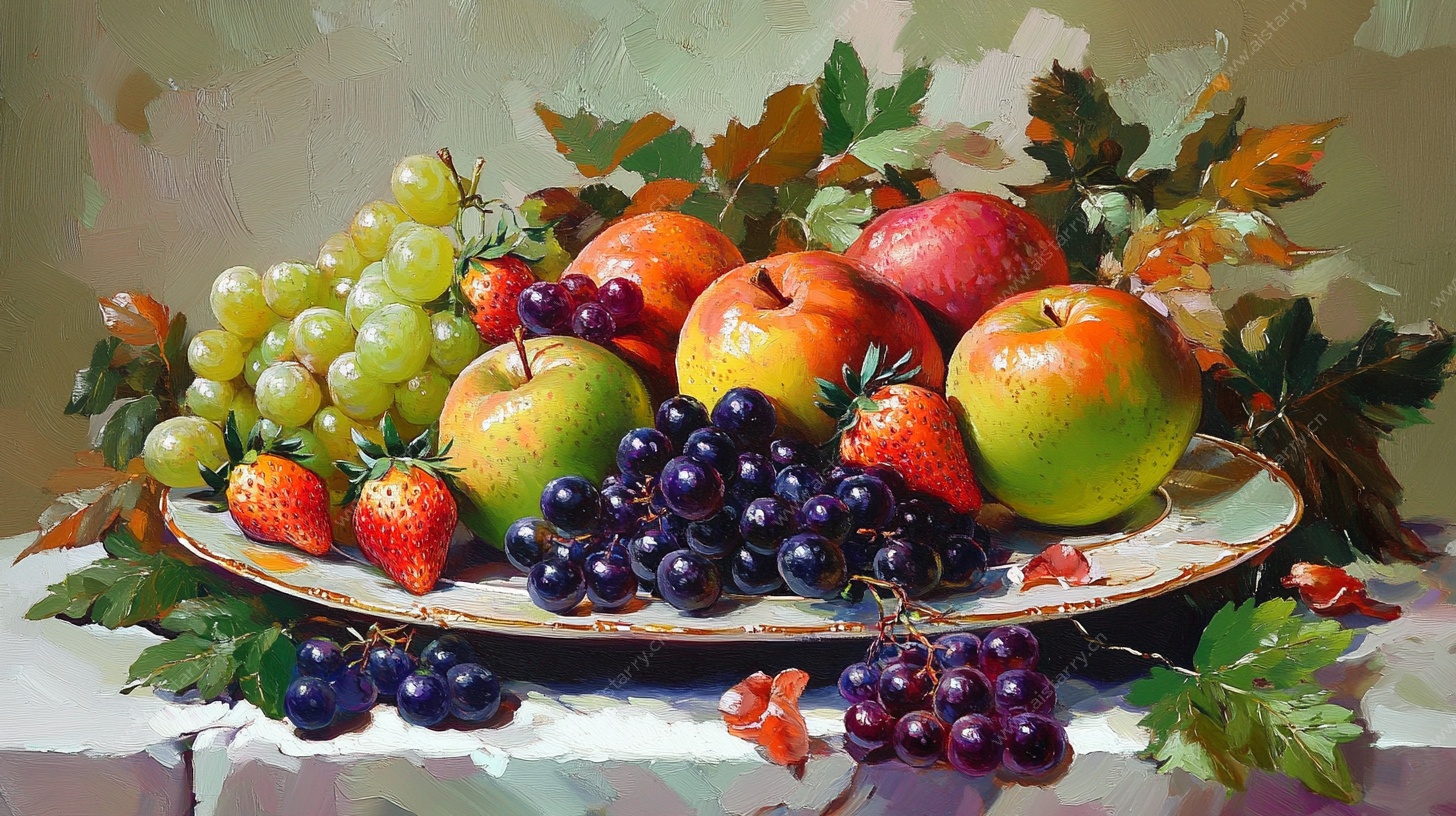 静物水果油画 多彩水果盘