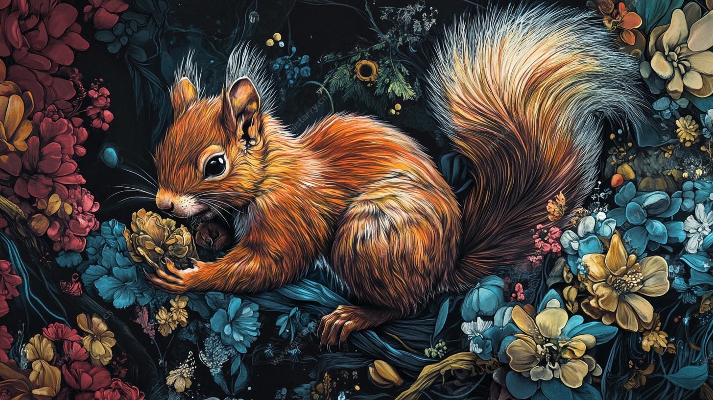 松鼠于花丛中进食插画