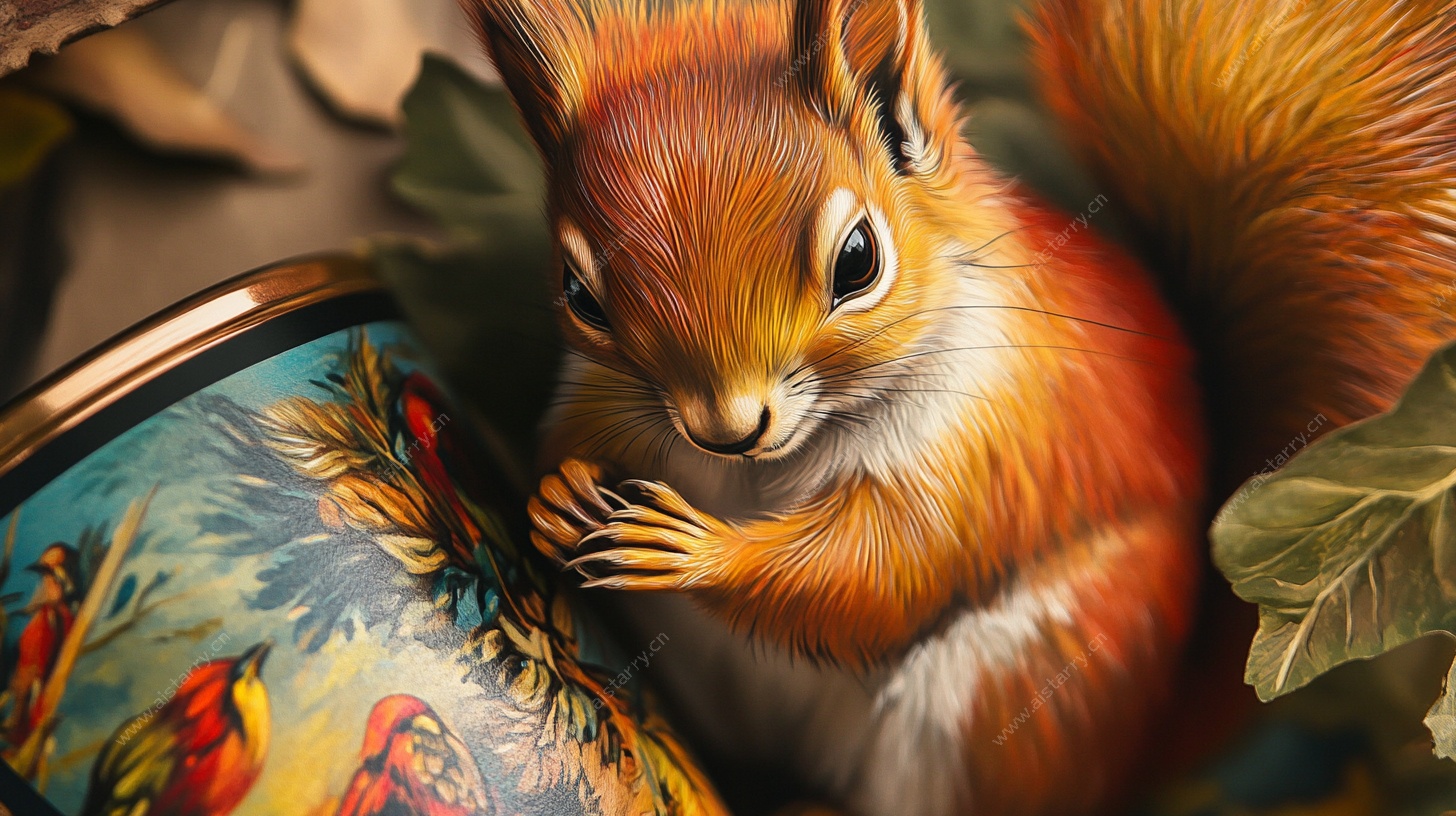 可爱松鼠与彩绘器物相伴