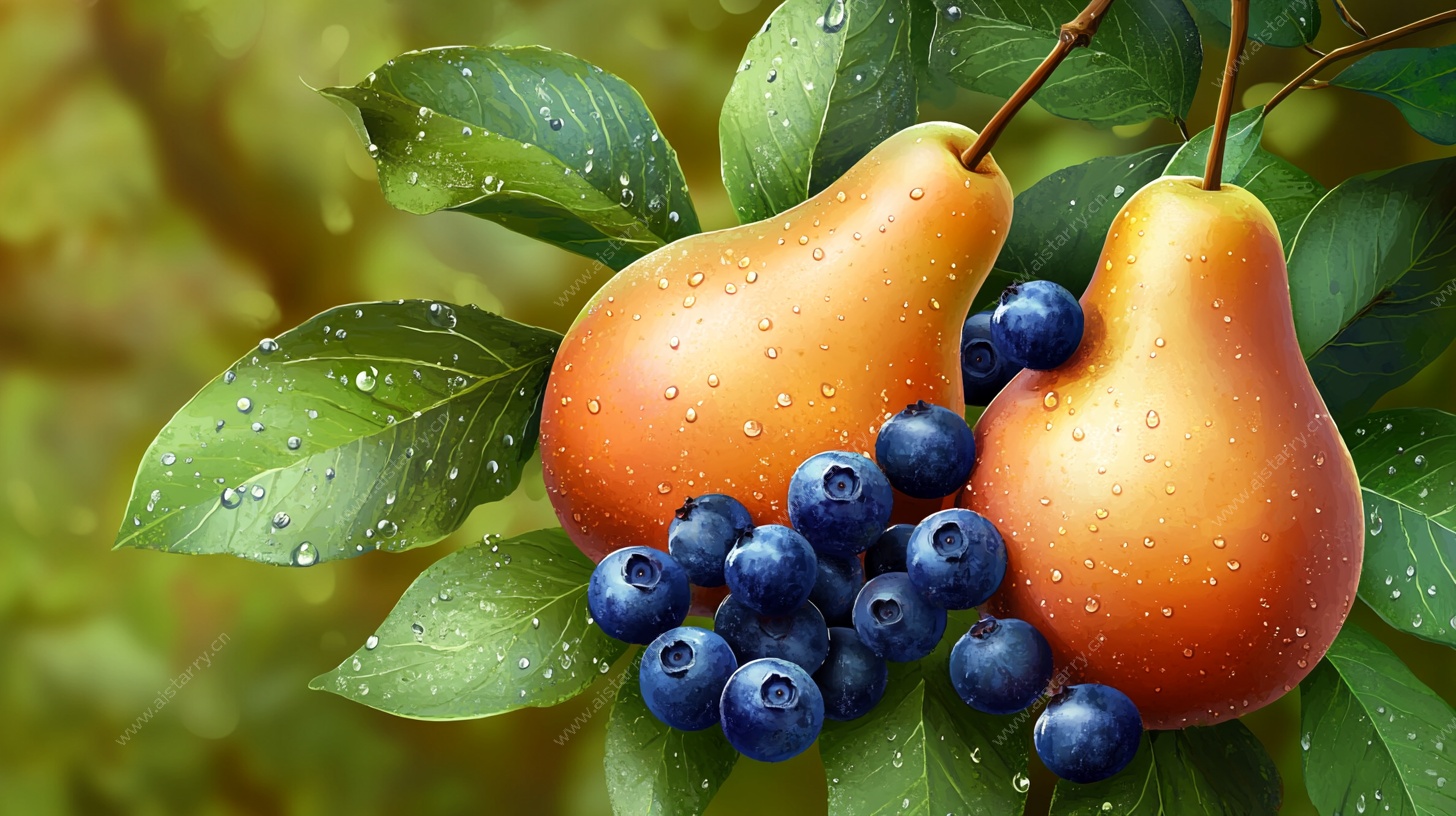 带水珠的梨与蓝莓特写