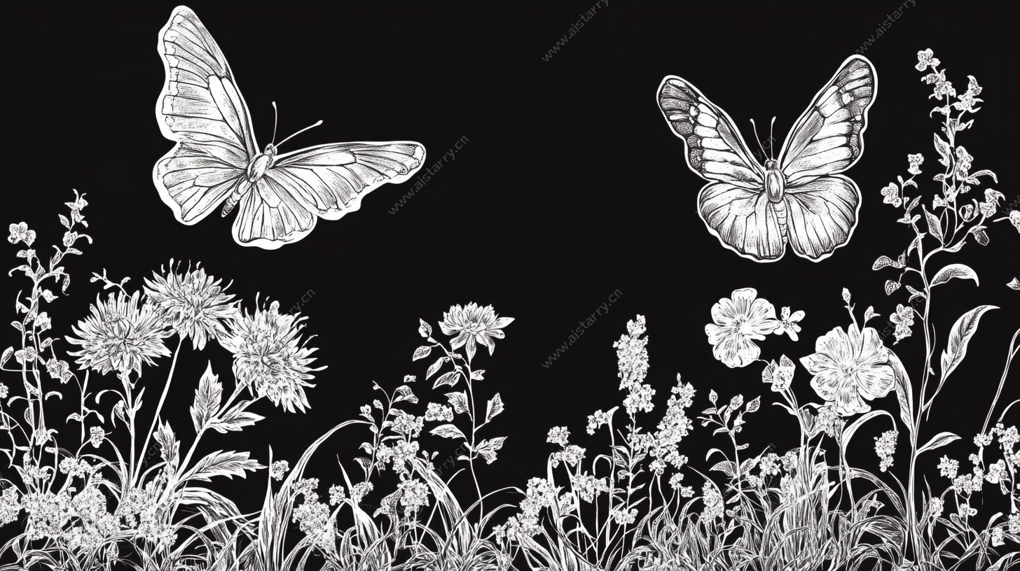 黑白花卉间的双蝶飞舞