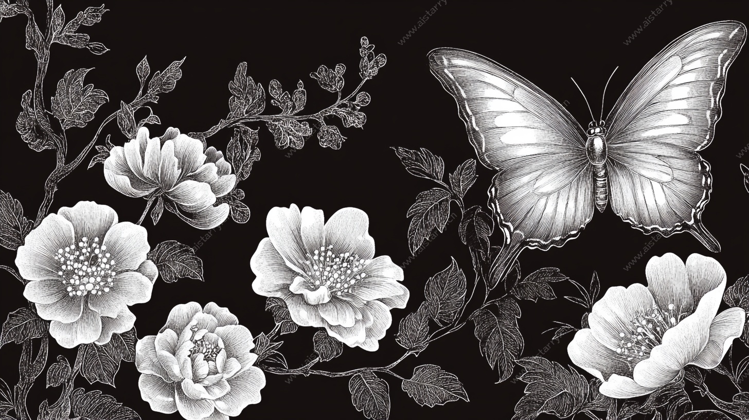 黑白花卉蝴蝶图案设计