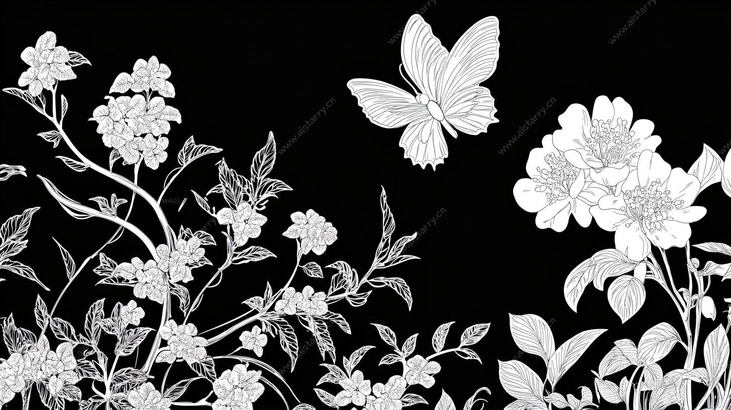 黑白花卉蝴蝶插画