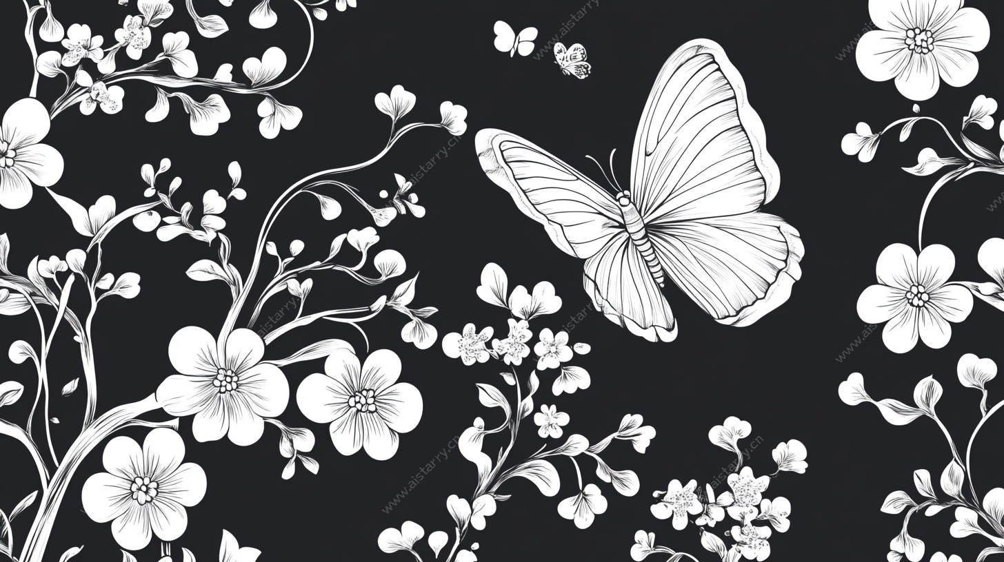 黑白花卉蝴蝶装饰图案