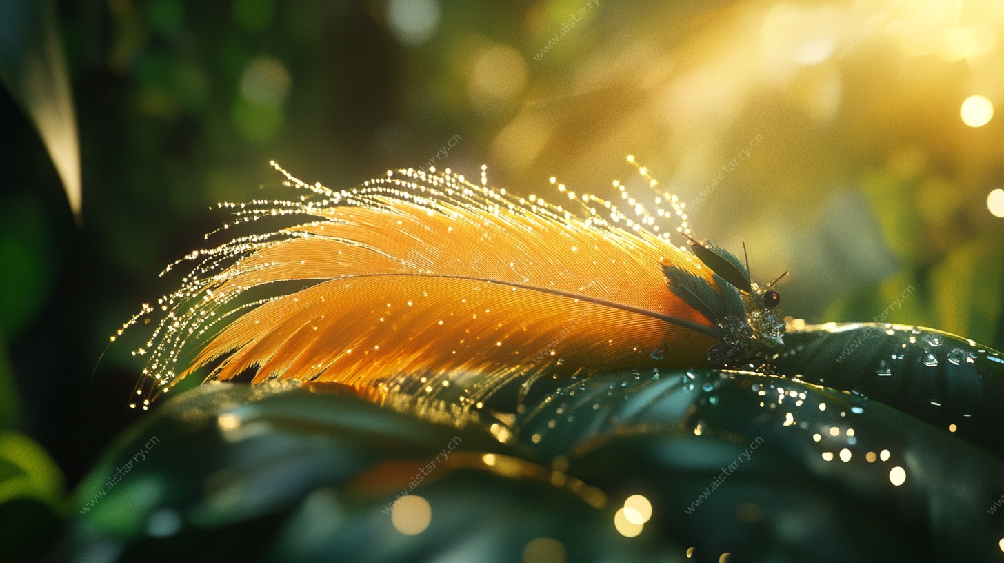 阳光下的羽毛与露珠