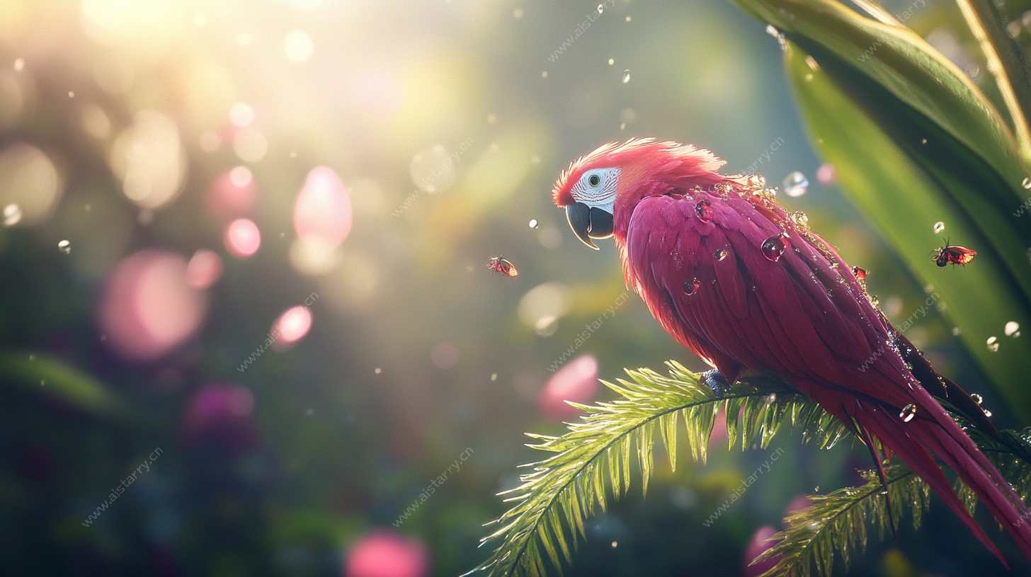 绯红鹦鹉栖于绿意盎然间