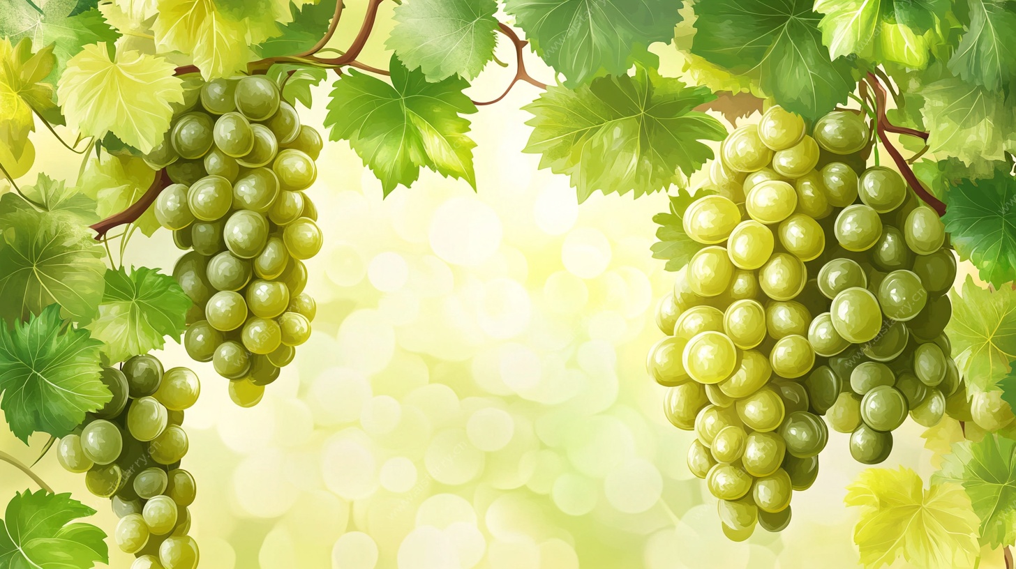 鲜绿葡萄垂挂于枝叶间