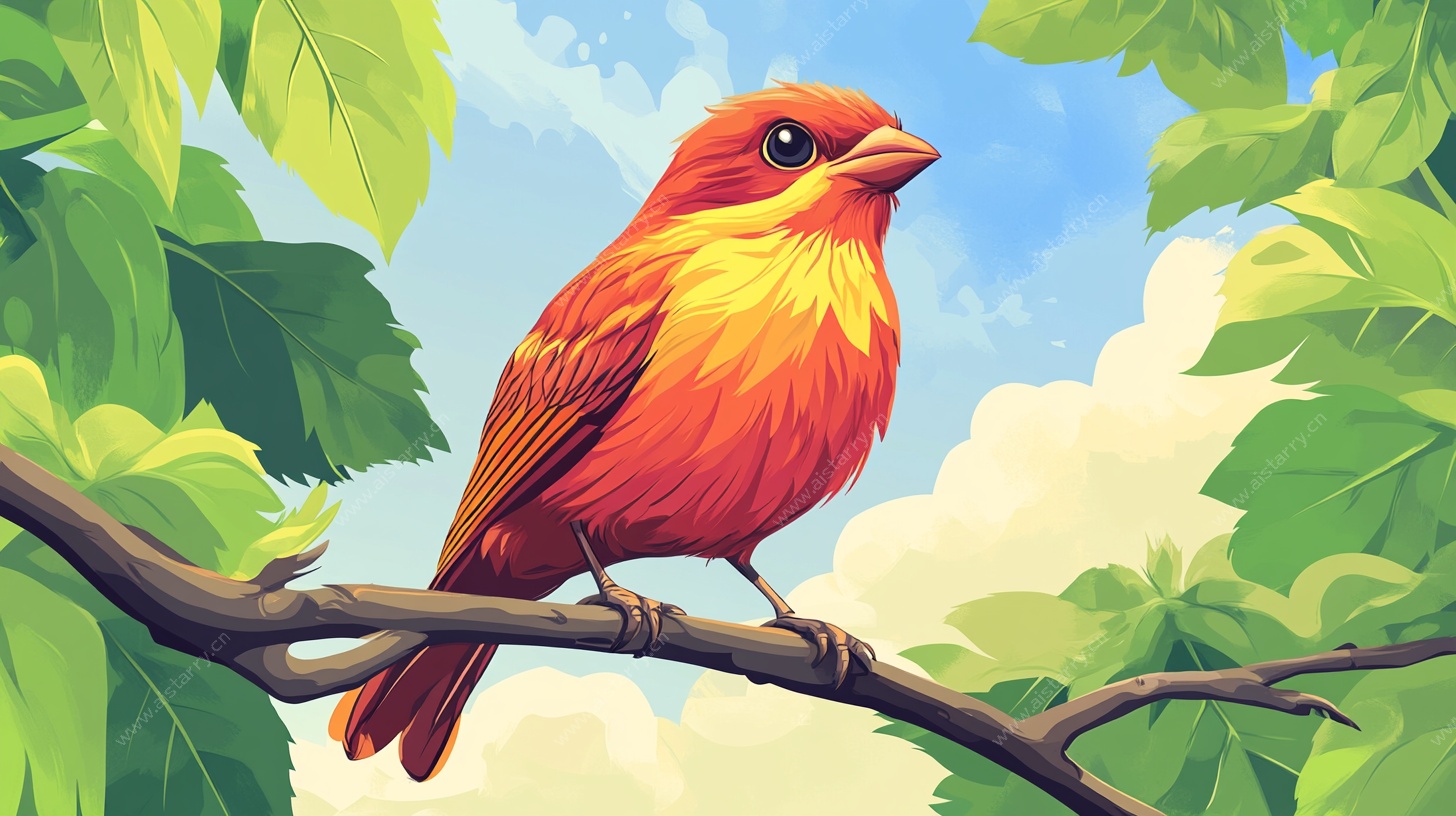 树枝上的艳丽红鸟