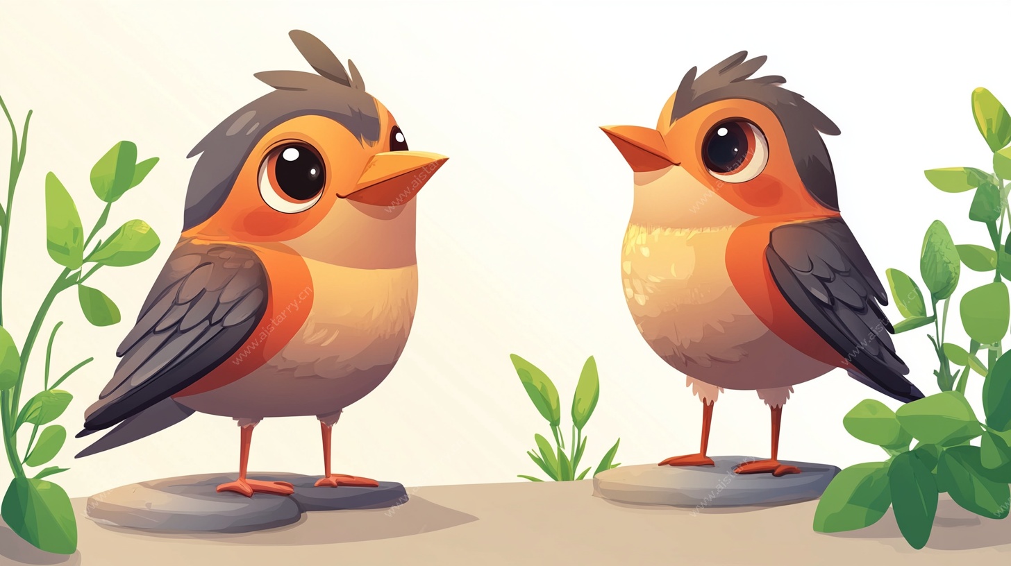 两只可爱小鸟的插画场景