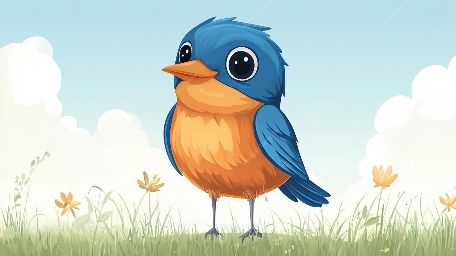 可爱蓝鸟立于草地花丛