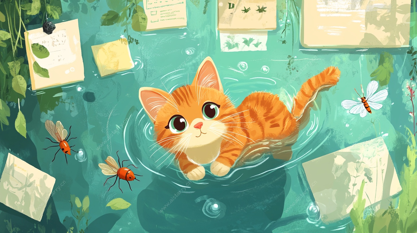 橘猫水中嬉戏插画