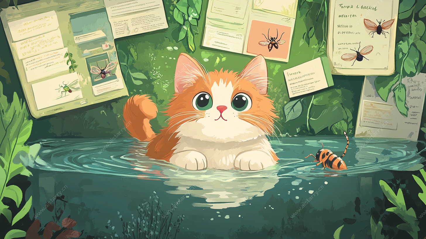 水中萌猫与昆虫的奇妙场景