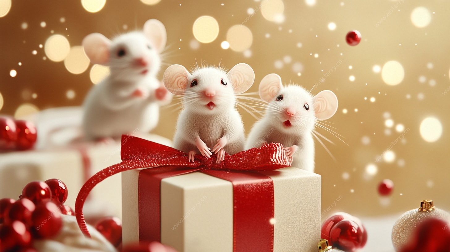 三只萌鼠伴圣诞礼物