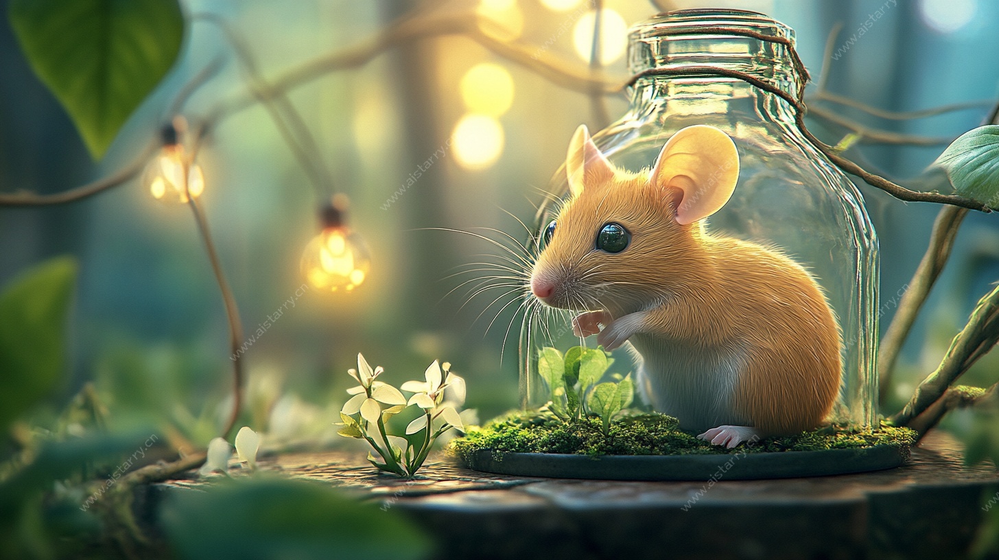 玻璃瓶中的萌鼠奇幻场景