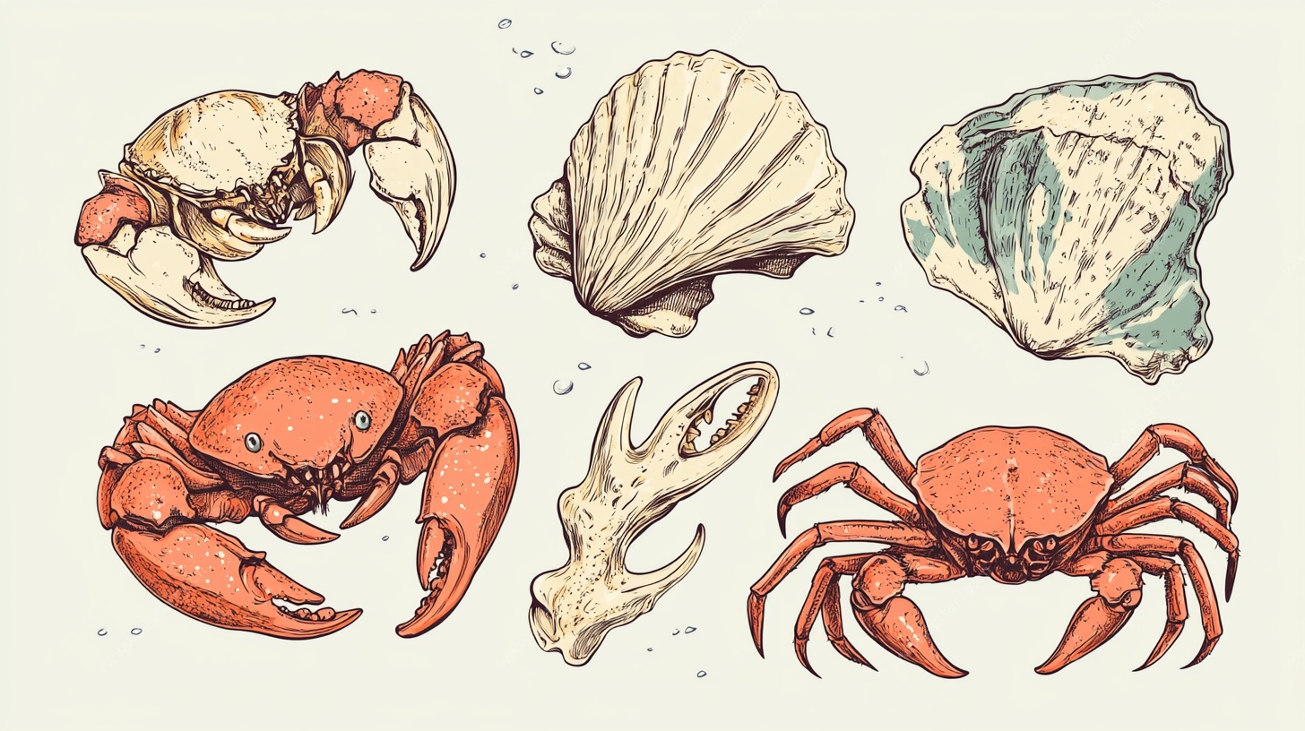 手绘海洋生物 螃蟹与贝壳