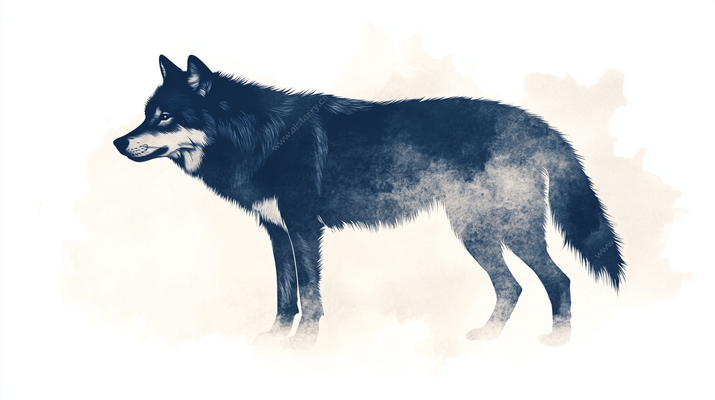 水墨风格站立灰狼插画