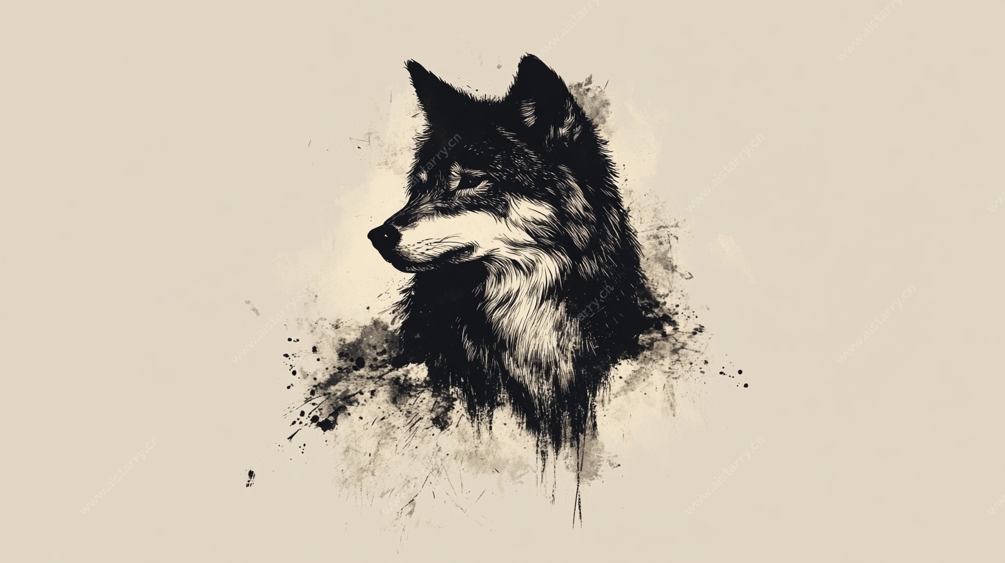 水墨风格狼头插画