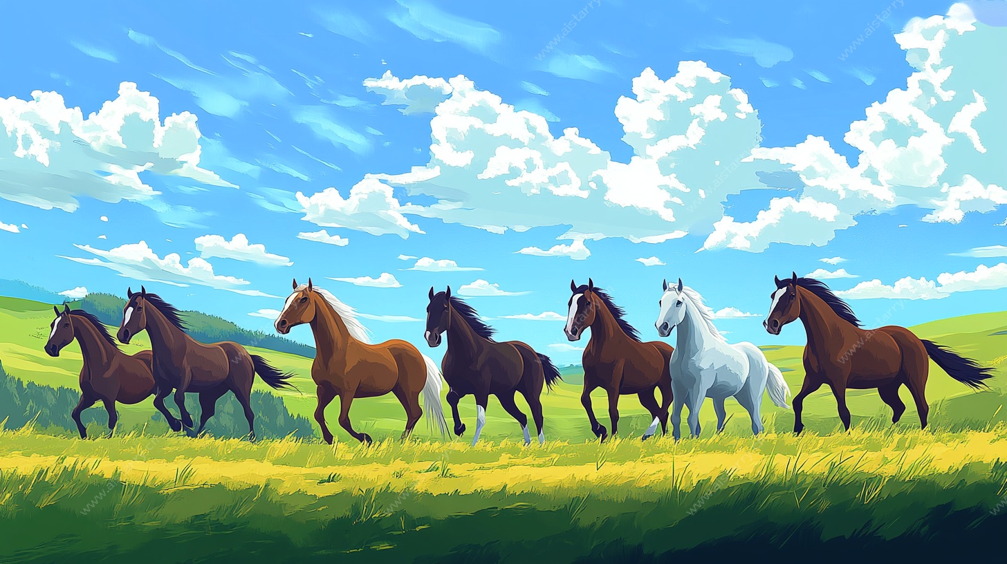 草原上奔腾的多彩骏马