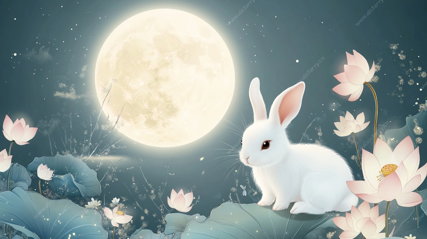 月夜白兔赏荷图