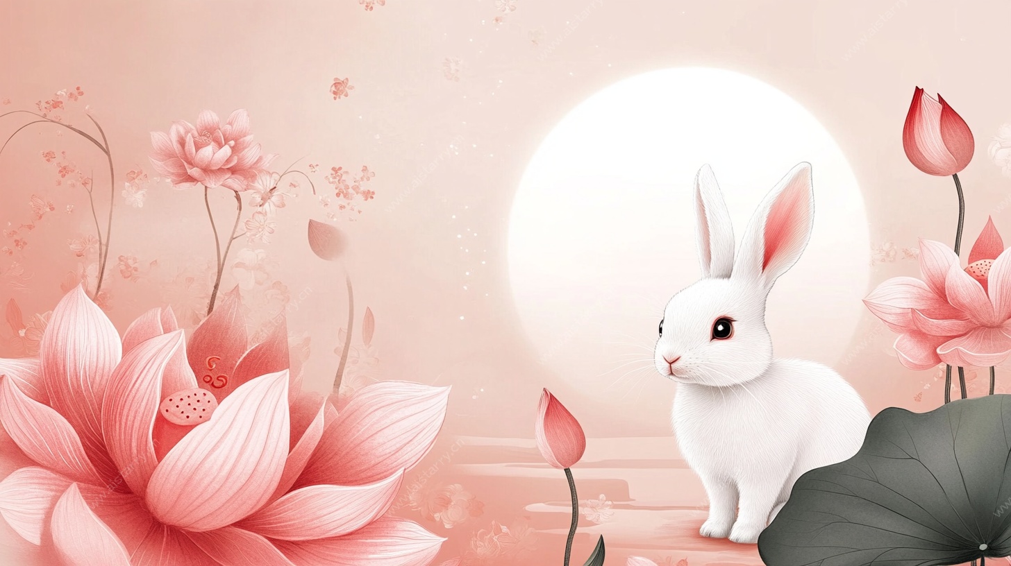 玉兔伴荷月景图