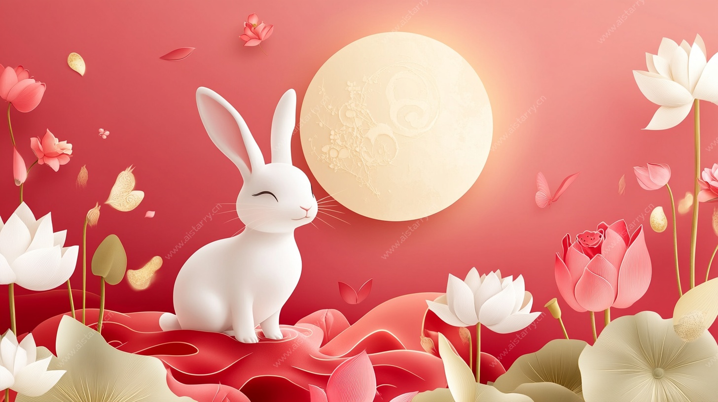 玉兔伴月荷花图