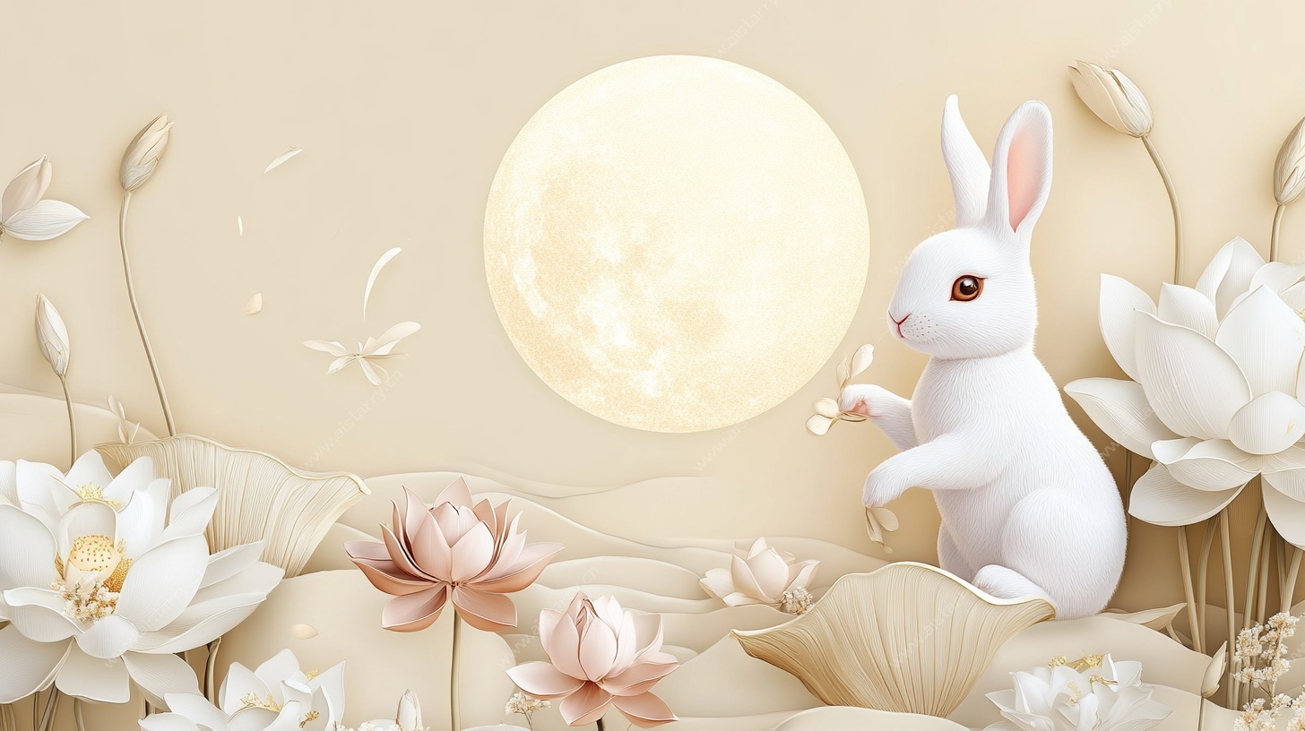 玉兔伴月赏荷图