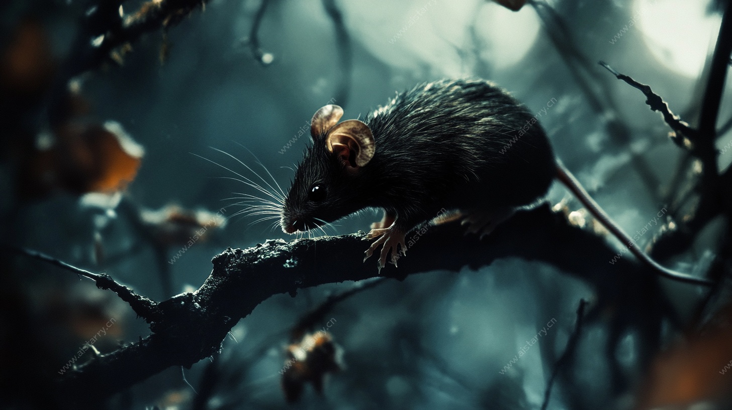 暗夜中栖息树枝的小老鼠
