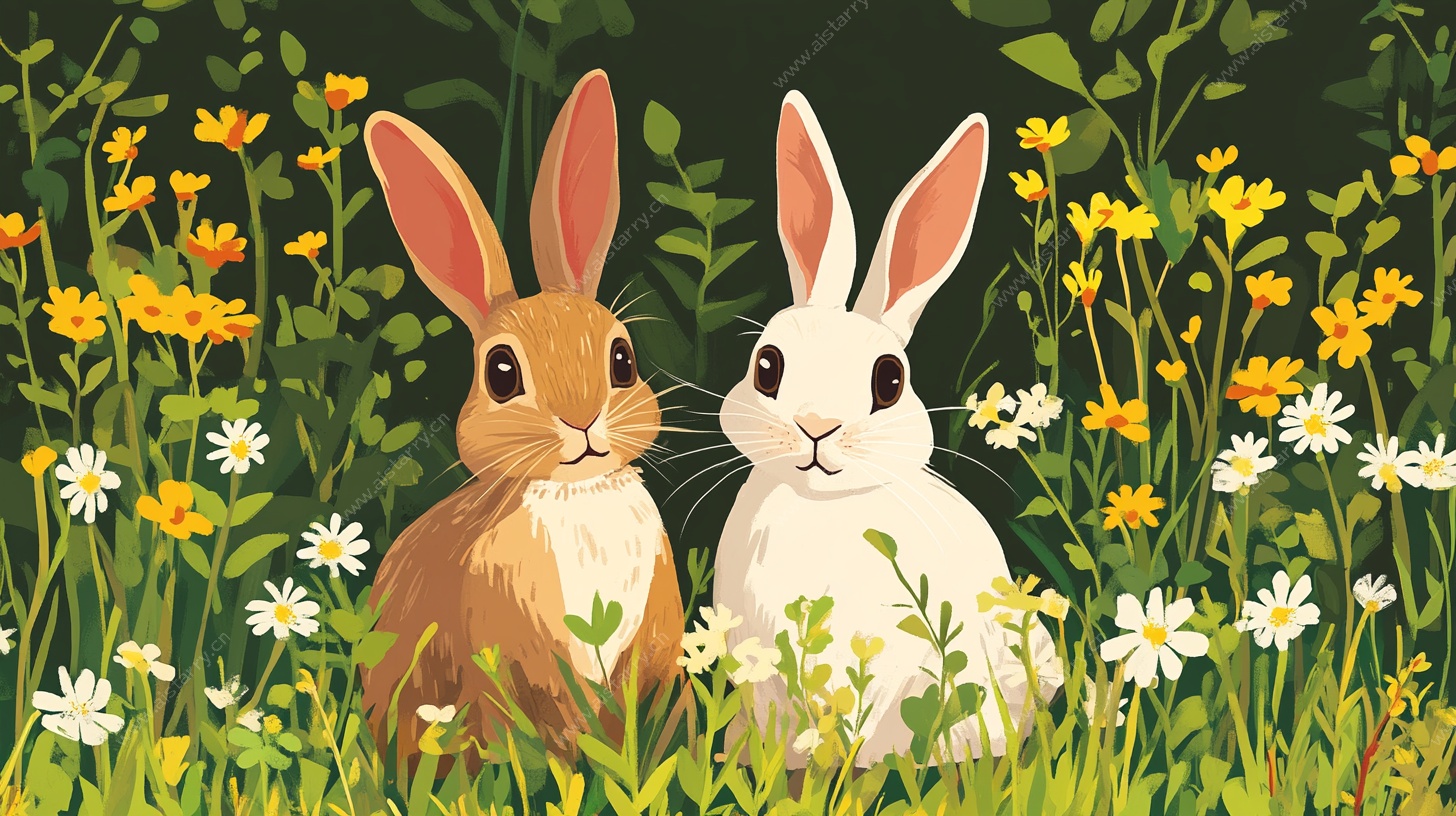 草地上的可爱双兔