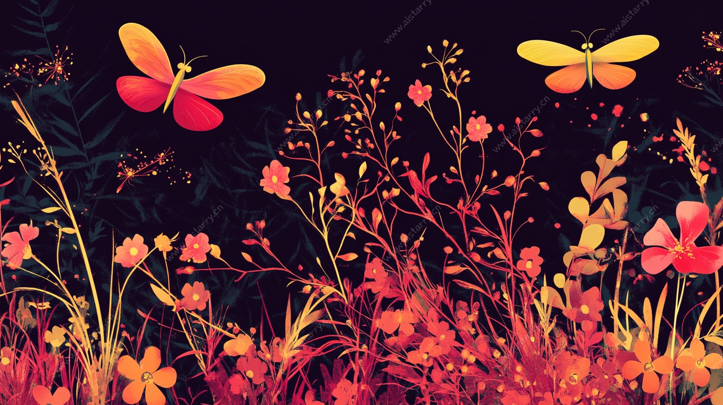 夜下花丛中的蝶影