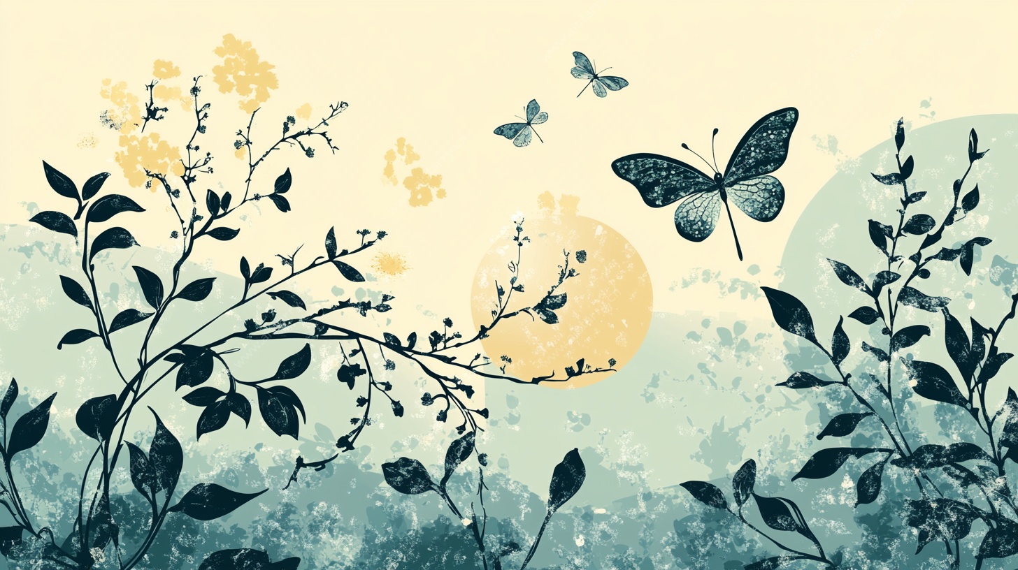 春日花草蝴蝶插画风景