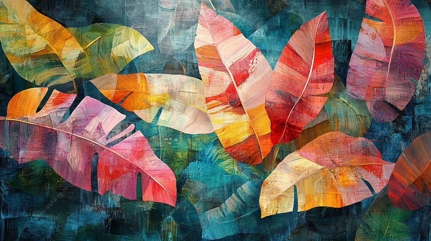 彩色拼接风热带植物叶片画