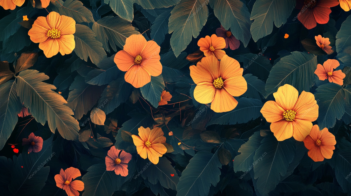 橙色花卉繁茂图