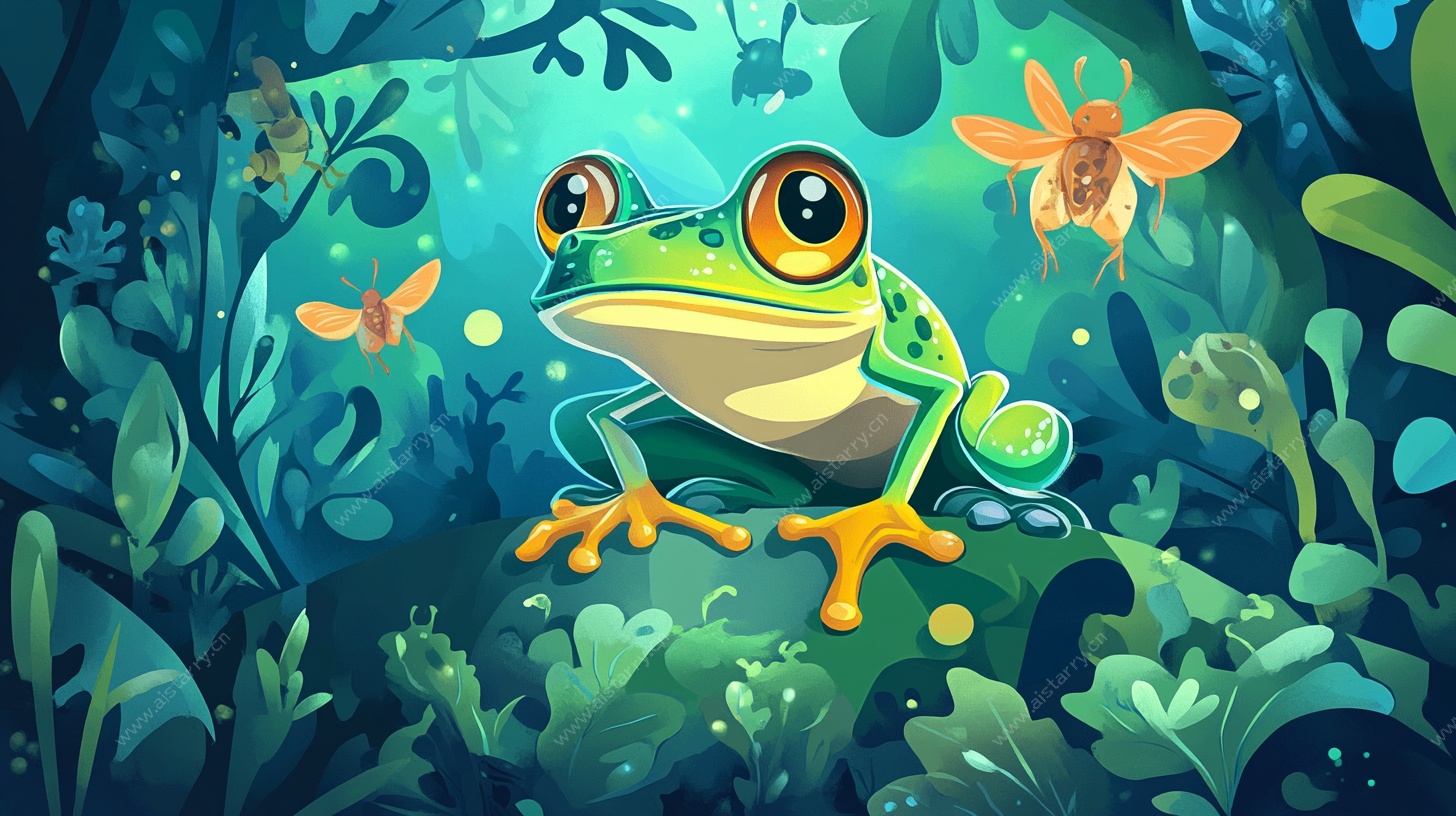 丛林中的绿色青蛙插画