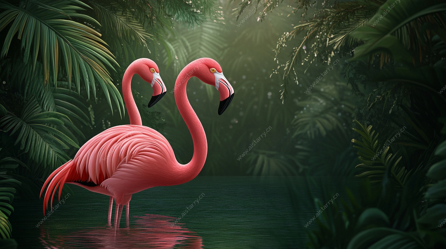 双火烈鸟于热带雨林中