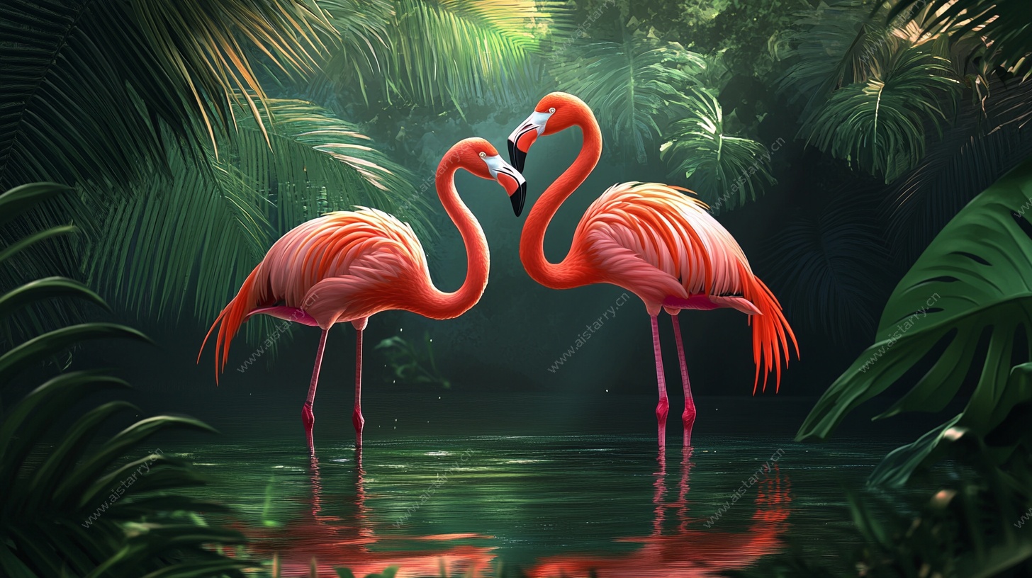 双火烈鸟于丛林水域