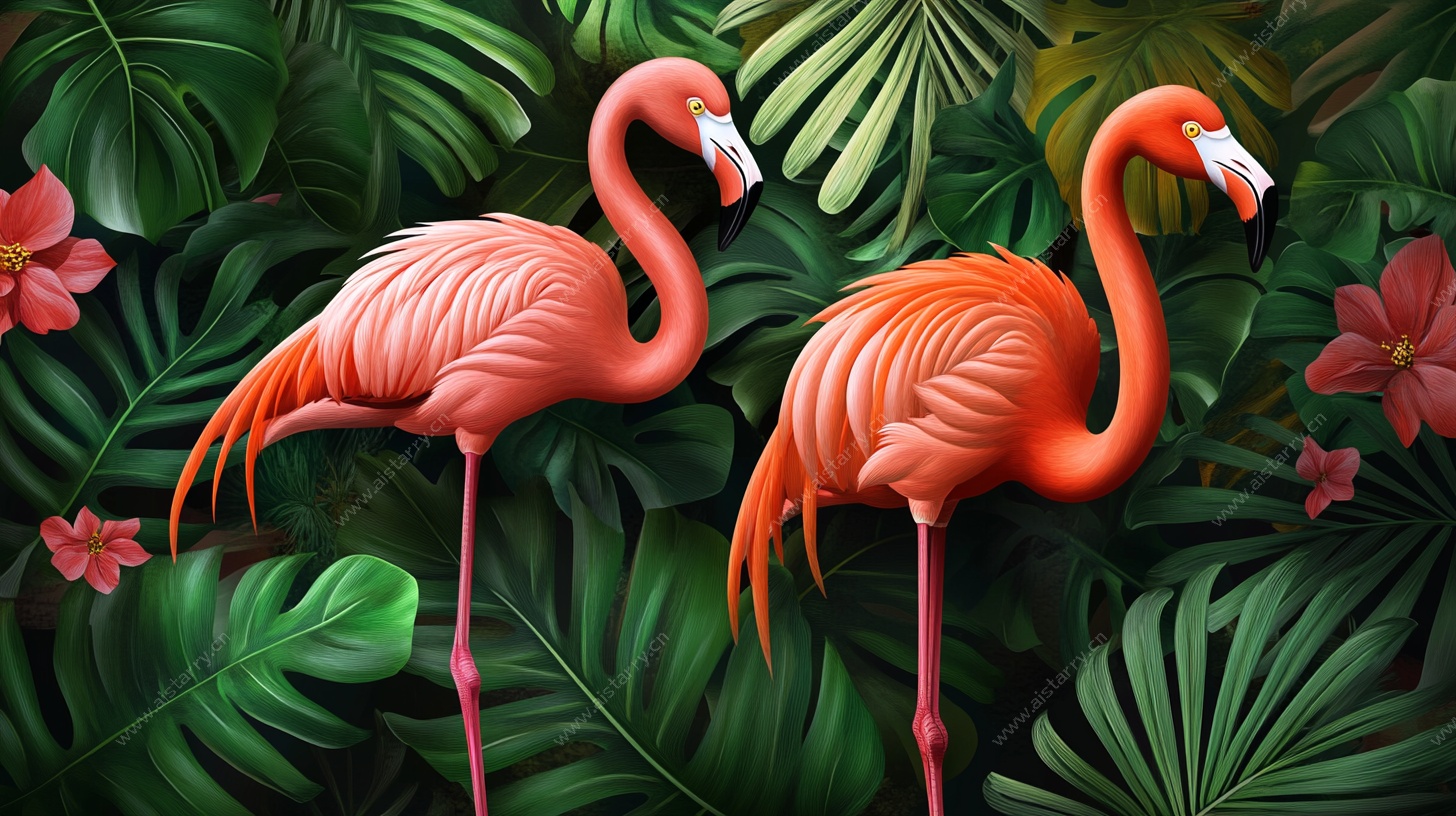 双火烈鸟的热带植物景观