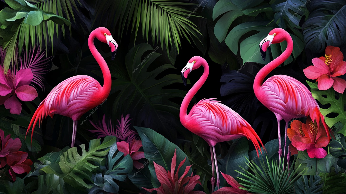 火烈鸟与热带植物插画